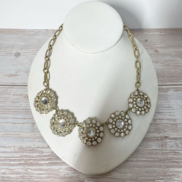 J Crew Sparkling Clear Crystal Necklace Gold Tone Round Clusters Chunky Chain - Picture 5 of 10